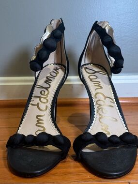 Sam Edelman Black Open-Toe Ankle-Strap Heels with Decorative Knots